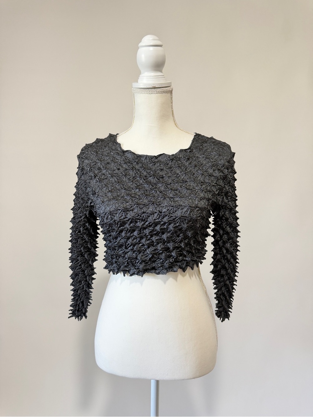 Textured Black Cropped Long Sleeve Top